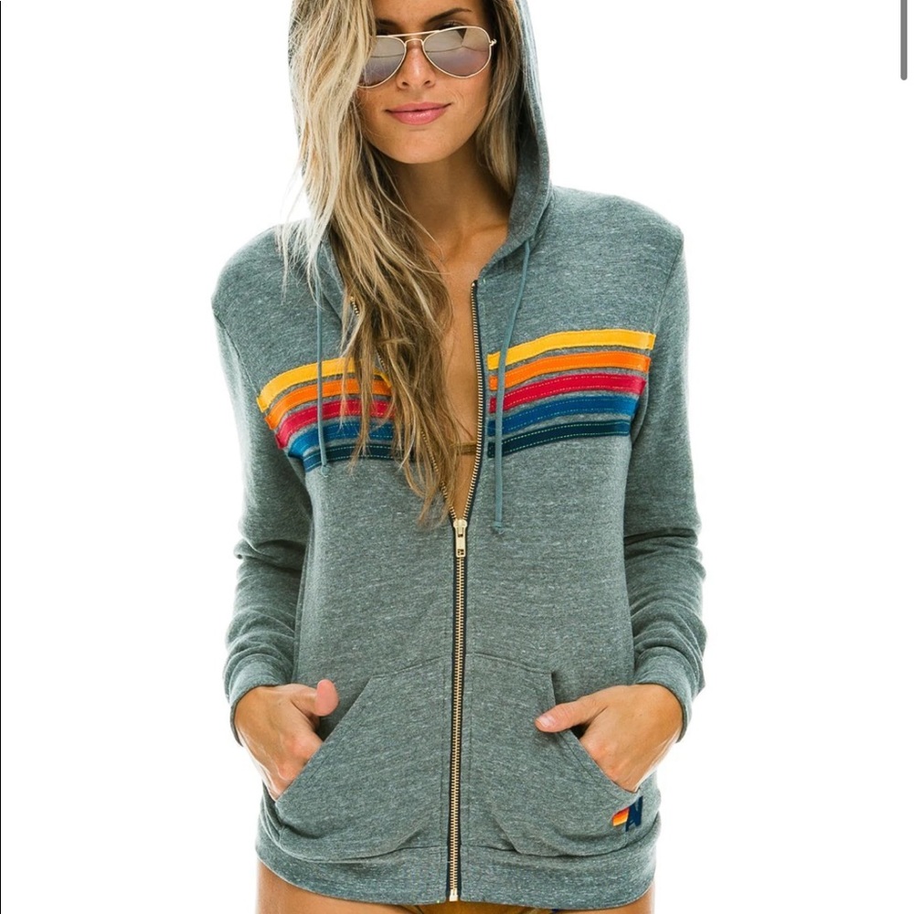 Aviator Nation 5 Stripe Zip Up Hoodie Heather Grey Size Medium NWOT